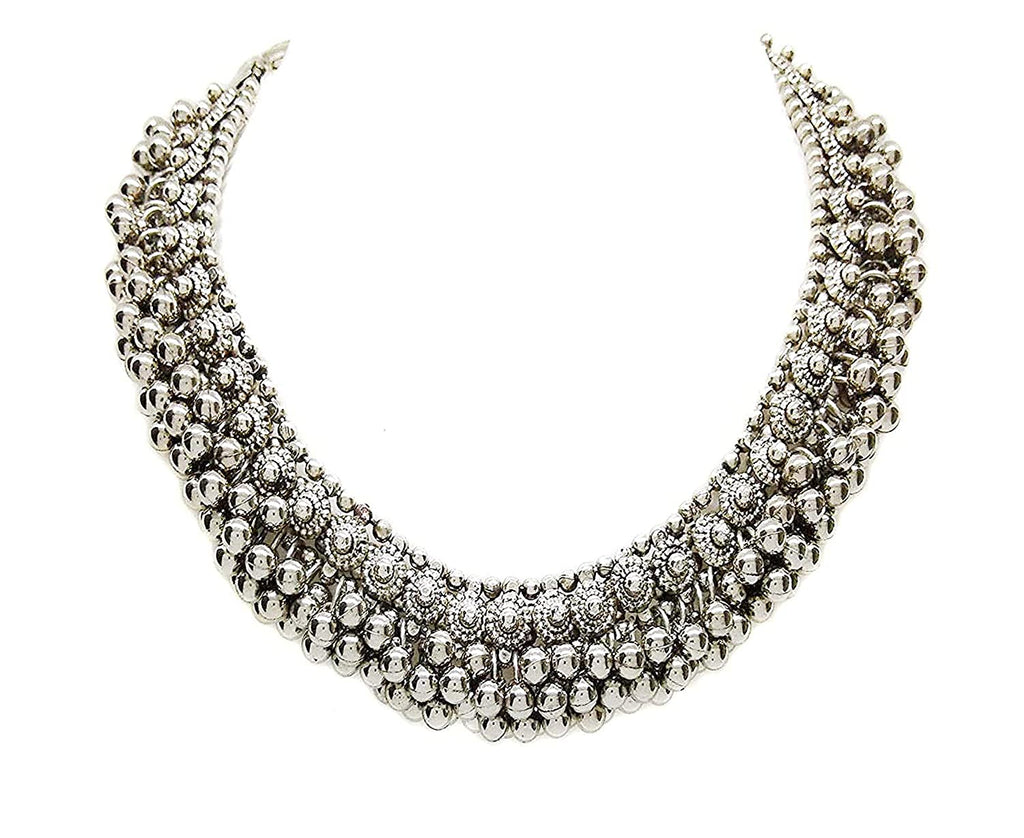 Rhodium-Plated Alloy Silver Bead Cluster Choker Necklace - The Pari | Grocsy