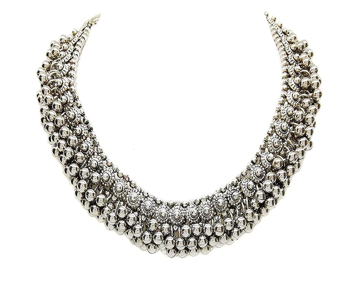 Rhodium-Plated Alloy Silver Bead Cluster Choker Necklace - The Pari | Grocsy