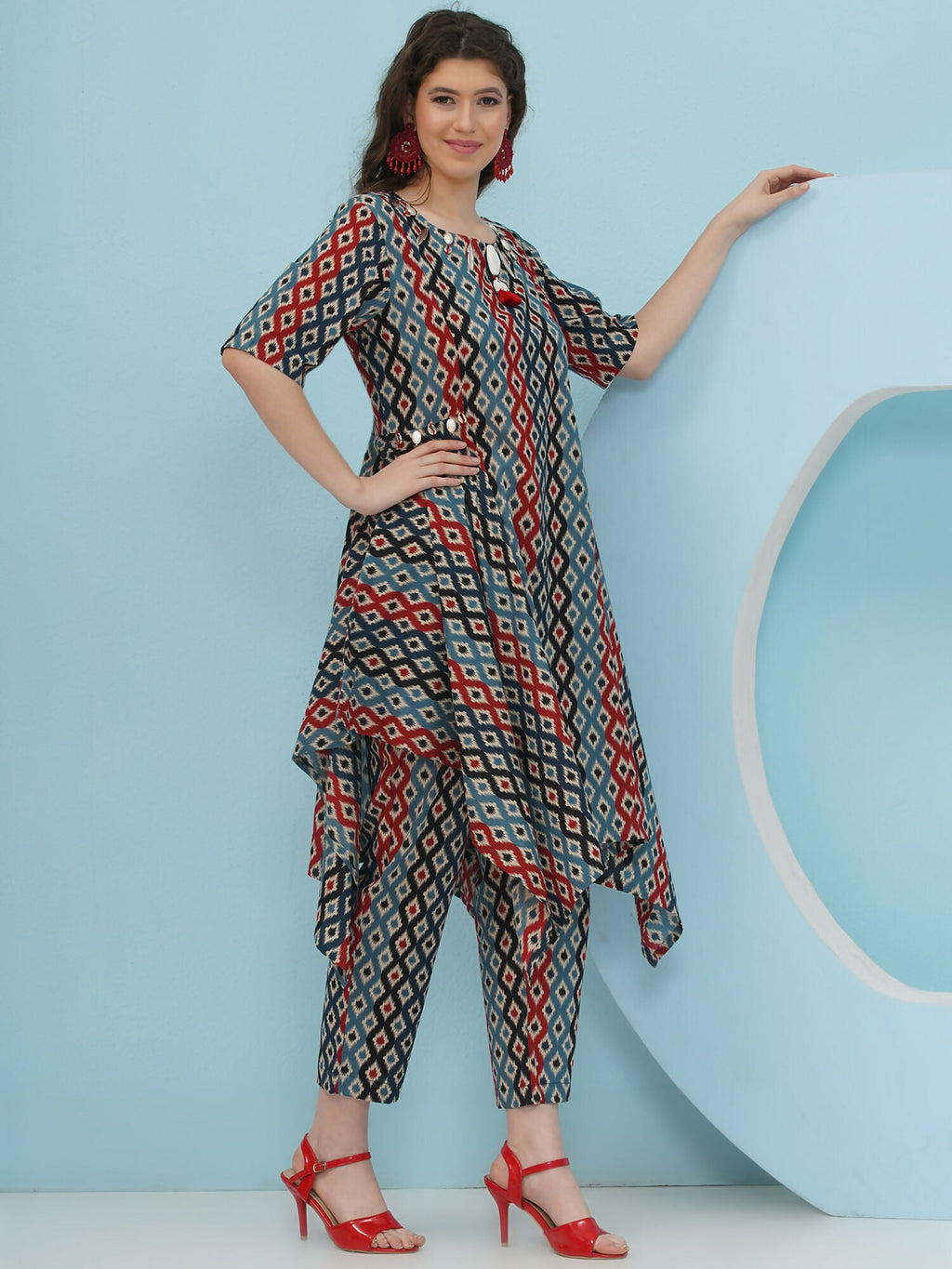 Joban Fashion Ikkat Printed Co Ord Set - Blue Red | Grocsy