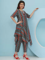 Joban Fashion Ikkat Printed Co Ord Set - Blue Red | Grocsy