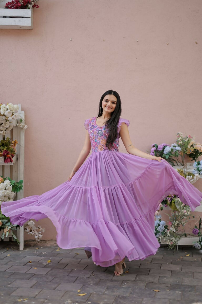 Jyoti Fashion Women's Purple Printed with Sequins Faux Georgette Anarkali Dress | Grocsy