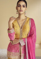 Lorenvalley Fashion Yellow and Pink Chinon Embroidery With Sequince Work Salwar Kameez Stitched | Grocsy
