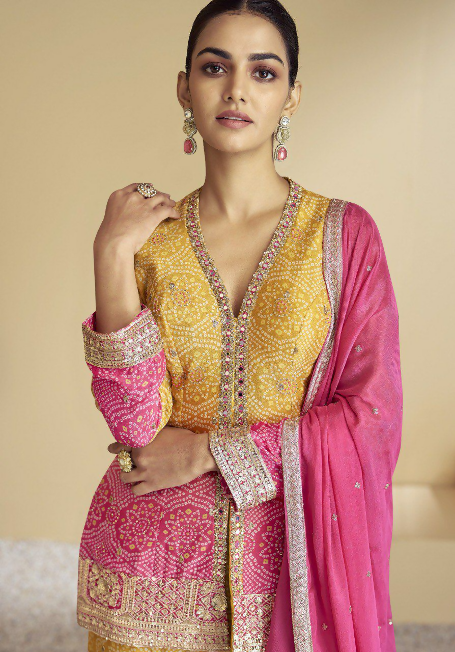 Lorenvalley Fashion Yellow and Pink Chinon Embroidery With Sequince Work Salwar Kameez Stitched | Grocsy