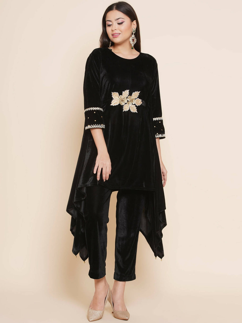 Women Republic Black Velvet Kaftaan Style Kurta With Pants | Grocsy