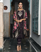 Vaasva Women's Silk Emboidered Solid Pant Set & Digital Printed Dupatta | Grocsy