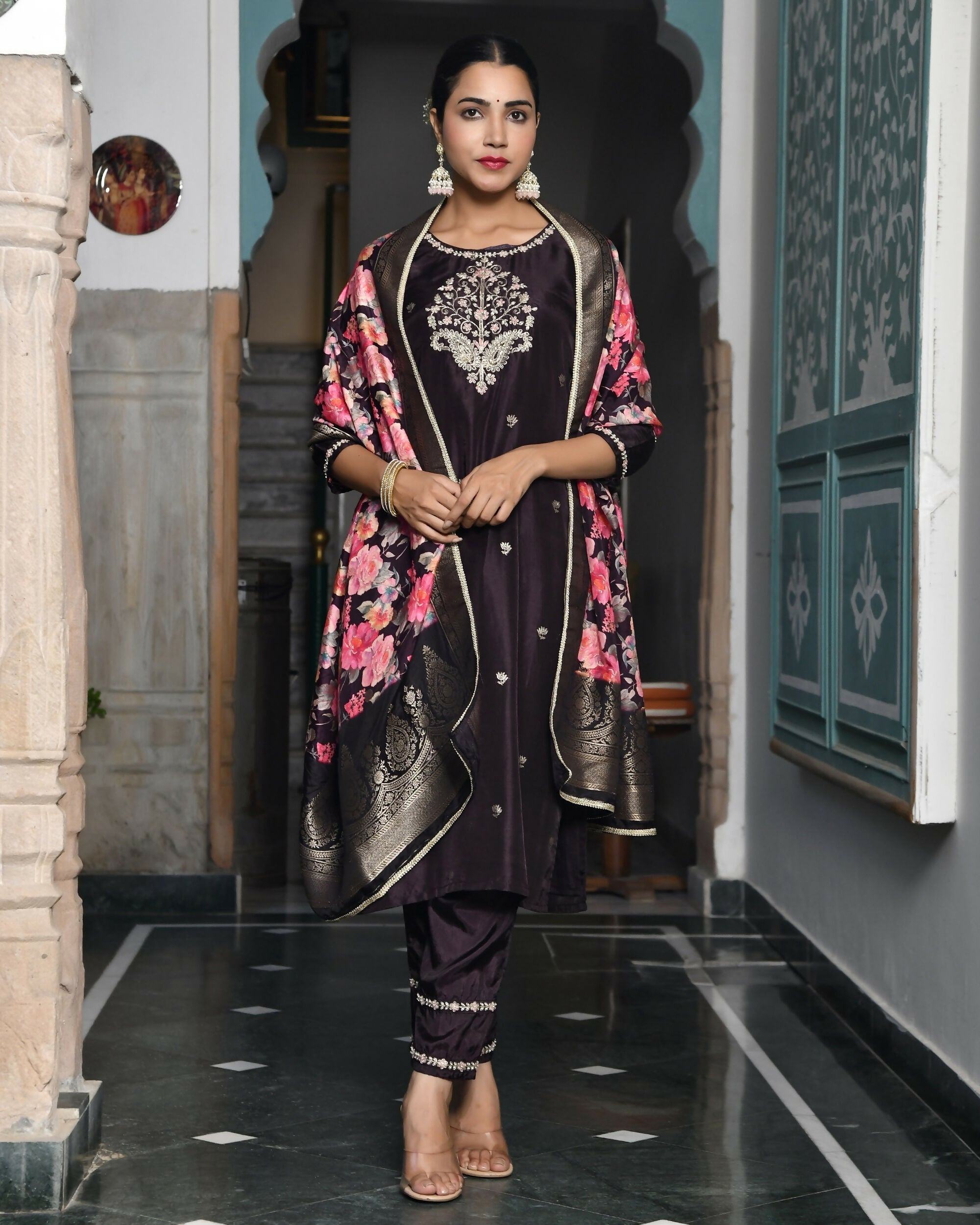 Vaasva Women's Silk Emboidered Solid Pant Set & Digital Printed Dupatta | Grocsy