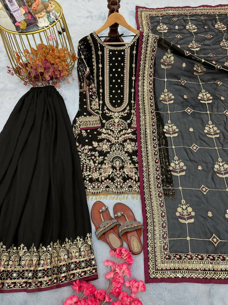 Teeya Creation Black Faux georgette Designer heavy work Wedding Wear Palazzo pair | Grocsy