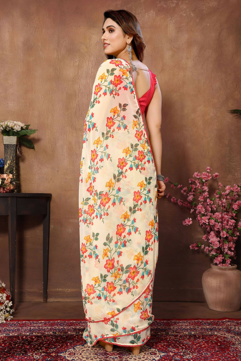 Partywear Designer Cream Georgette Fancy Saree - Satrangi | Grocsy
