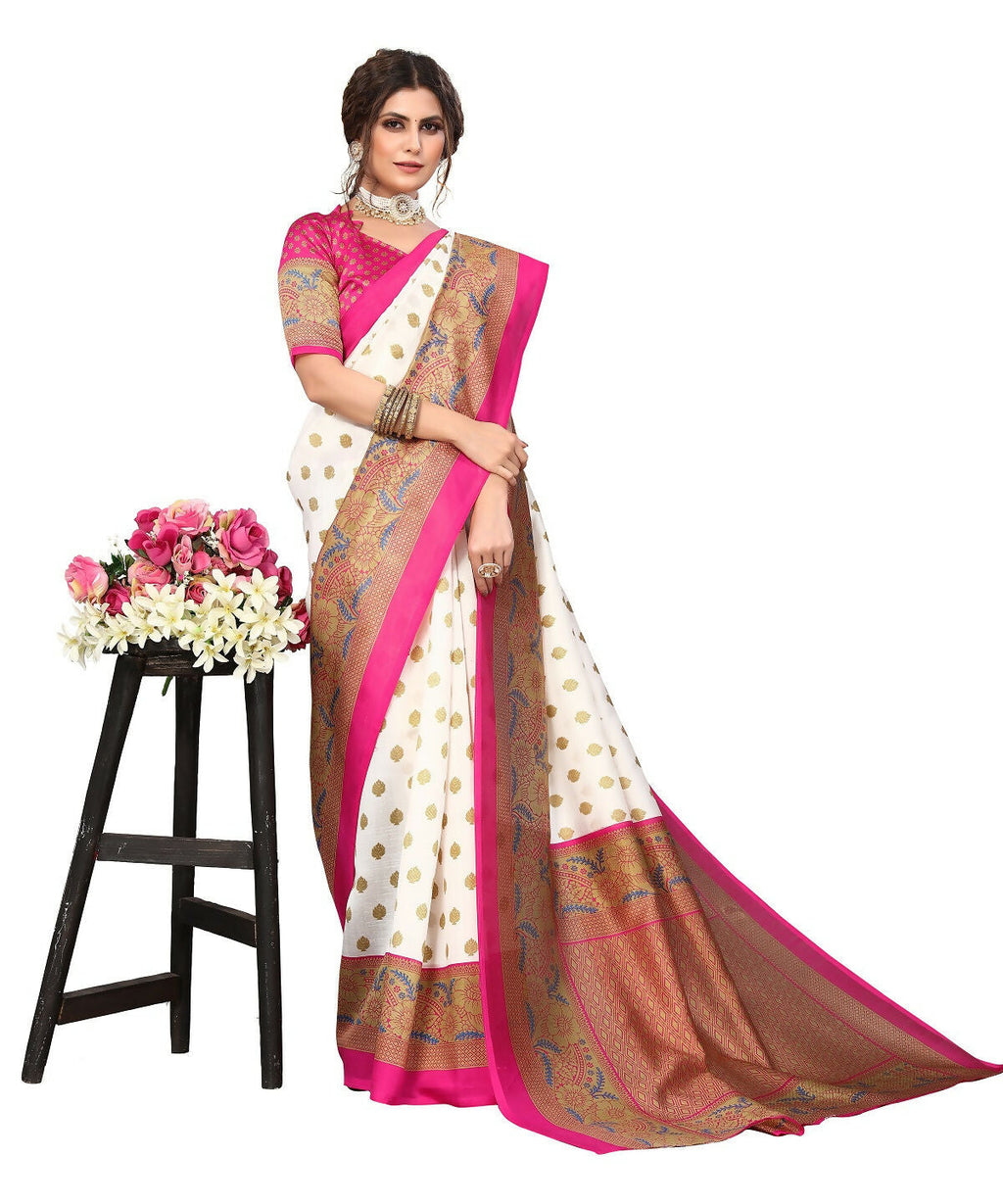 Vamika white & pink Printed Art Silk Saree | Grocsy