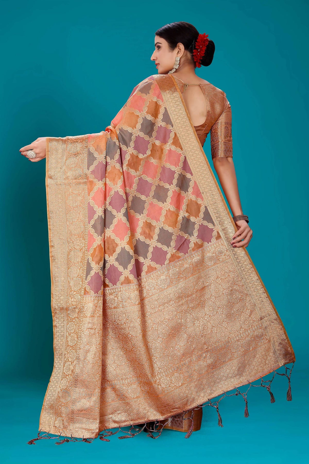 Orange Soft Organza Woven Design Saree with Unstitched Blouse Piece - Zaara | Grocsy