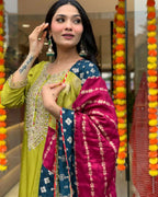 The52 Lemons Women's Gorgeous Embroidered Viscose Chanderi Fabric Straight Kurta Pant with Dupatta Set | Grocsy