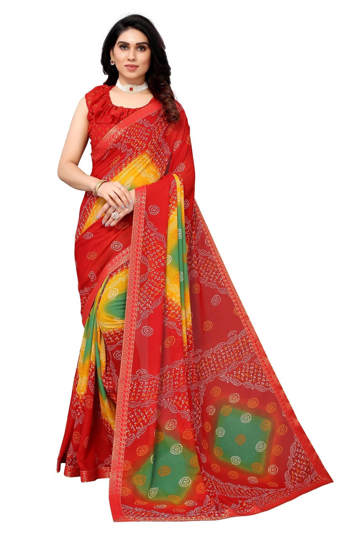 Vamika Ethnic Fire Red Printed With Lace Saree | Grocsy