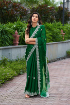 Vastranavya Green Embroidery Work Shimmer Chiffon Saree with Unstitched Blouse | Grocsy