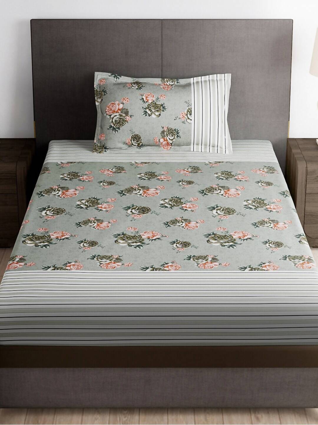 Story@home Arena Grey & Pink Floral Printed 180 TC Bedsheet & Pillow Covers | Grocsy