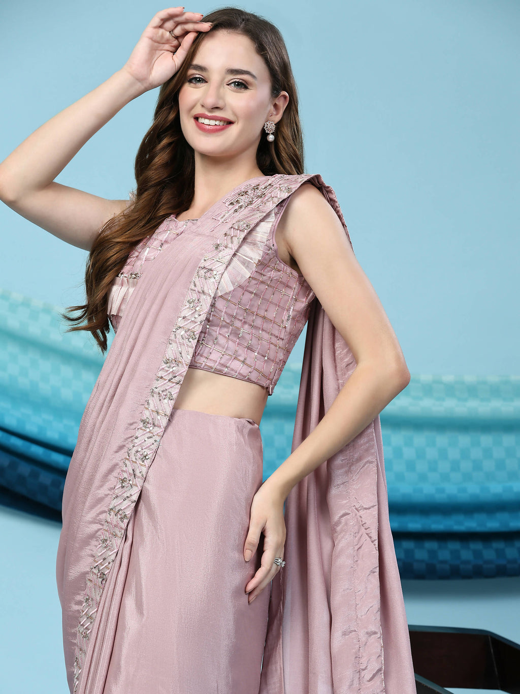 Pink Silk Satin Solid Ready to wear Saree with stitched Blouse - Satiksha | Grocsy