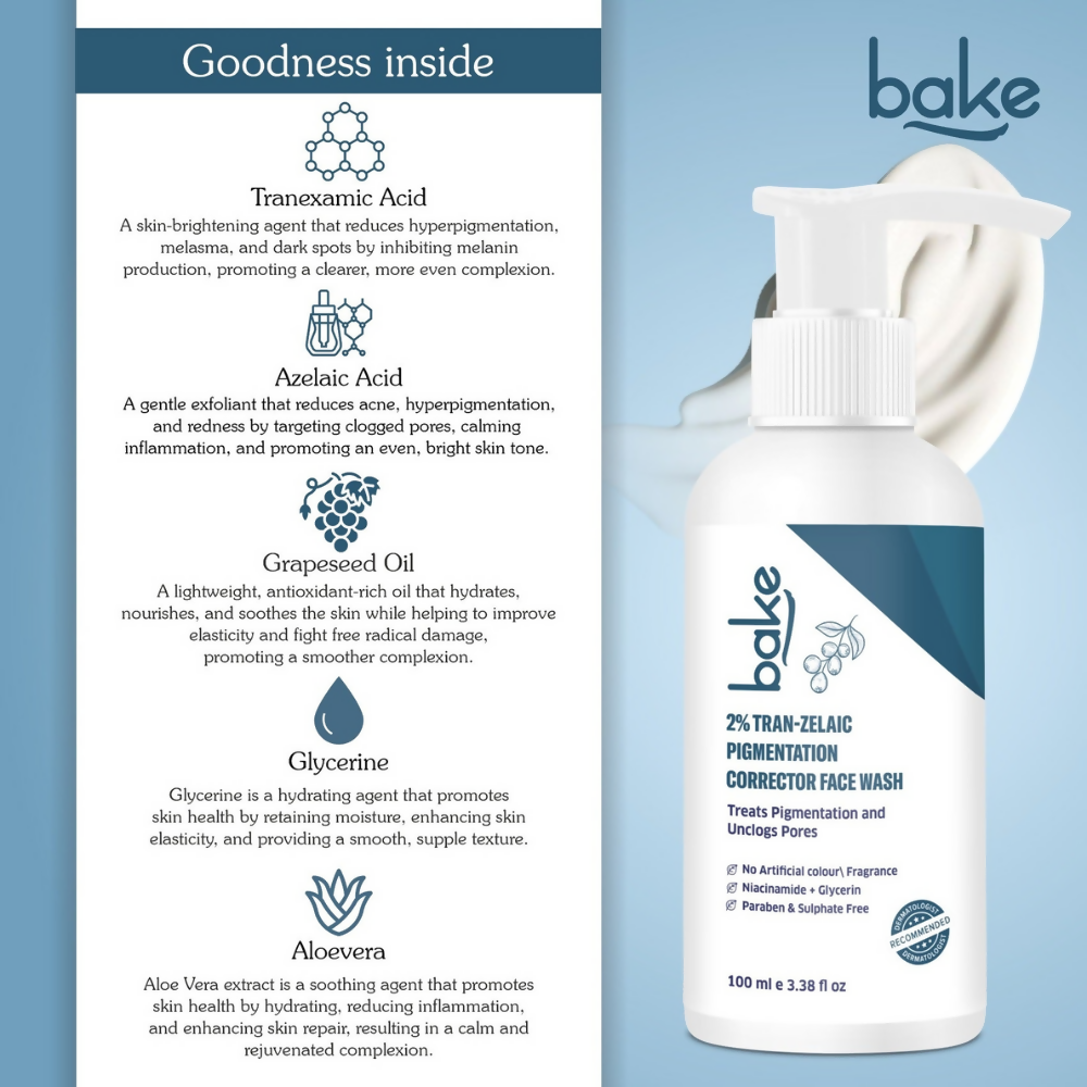 Bake 2% Tran-Zelaic Pigmentation Corrector Milky Face Wash For Pigmentation and unclogged pores | Grocsy
