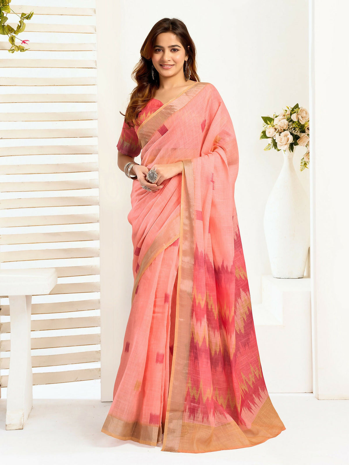 Joban Fashion Peach Ikkat Linen Ready To Wear Saree With Unstitched Blouse | Grocsy