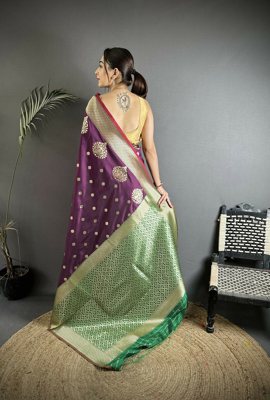 Joban Fashion Purple & Green Woven Butti Soft Silk Banarasi Silk Saree | Grocsy