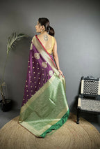 Joban Fashion Purple & Green Woven Butti Soft Silk Banarasi Silk Saree | Grocsy
