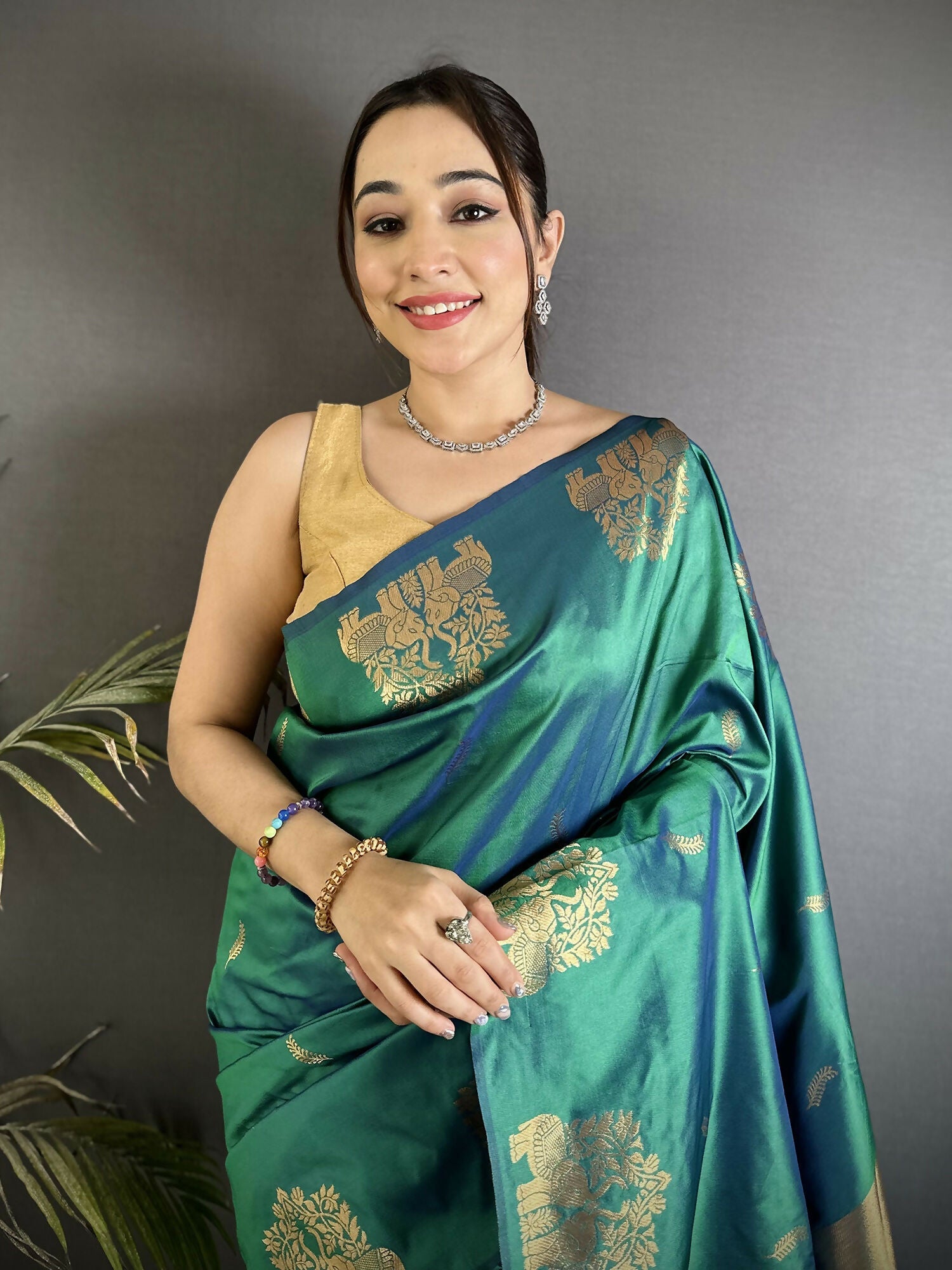 Joban Fashion Dark Teal Motifs Zari Weaving Soft Silk Banarasi Saree | Grocsy