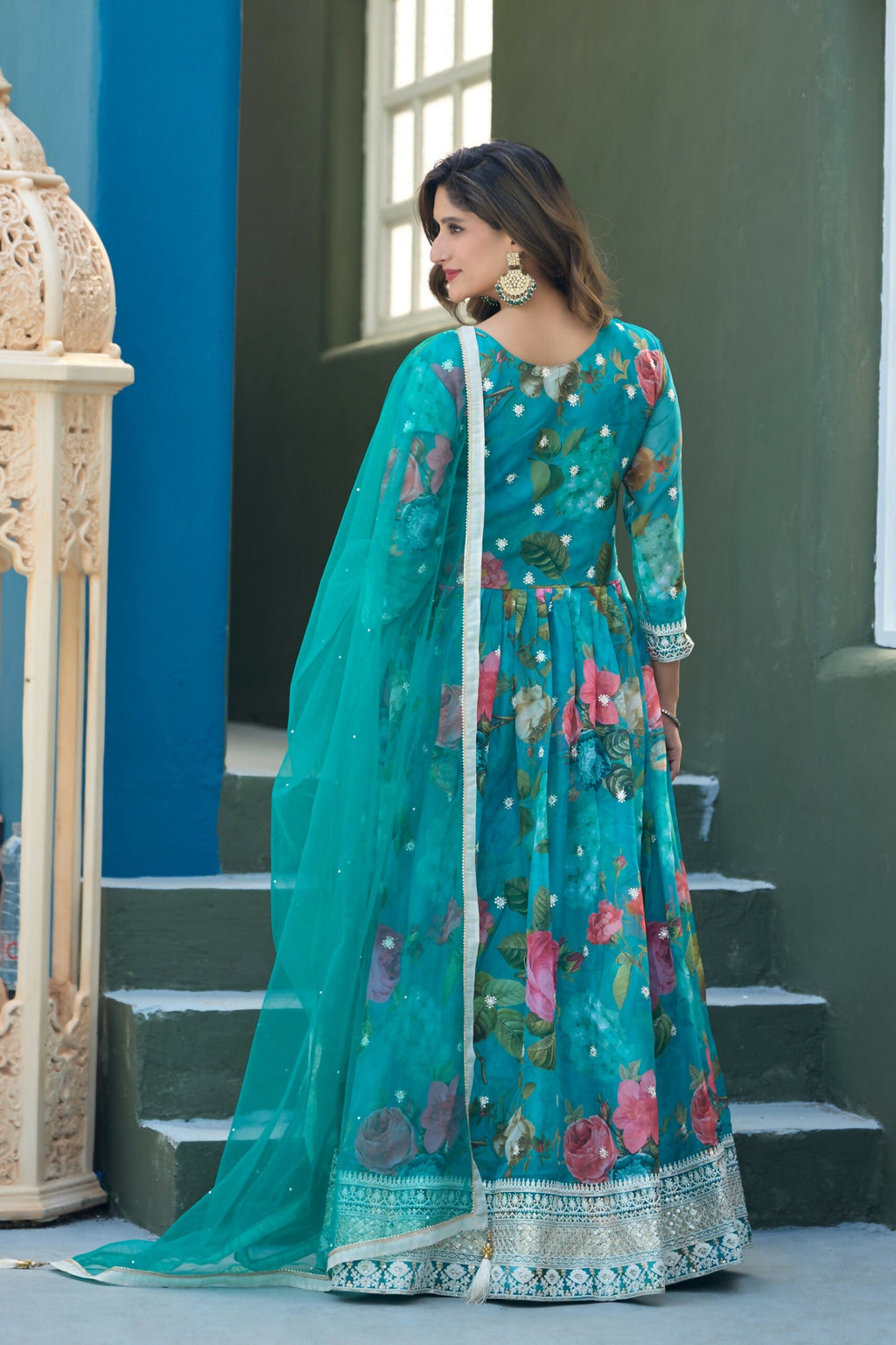 Anaita Blue Tabby Silk Readymade Anarkali Suit with Embroidery Thread & Sequence Work | Grocsy