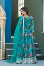 Anaita Blue Tabby Silk Readymade Anarkali Suit with Embroidery Thread & Sequence Work | Grocsy