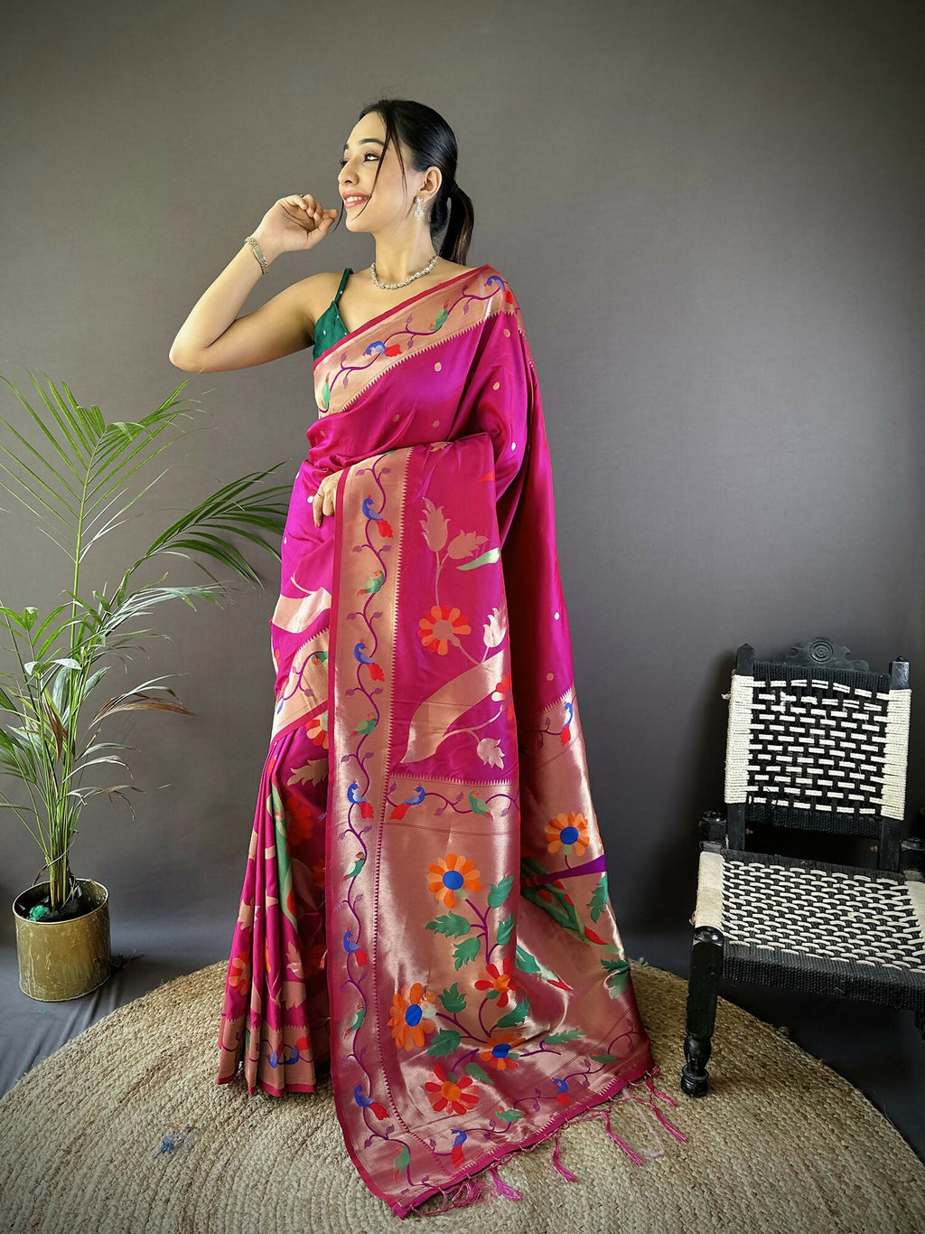 Joban Fashion Dark Pink Zari Woven Floral Motifs Soft Silk Paithani Silk Saree | Grocsy