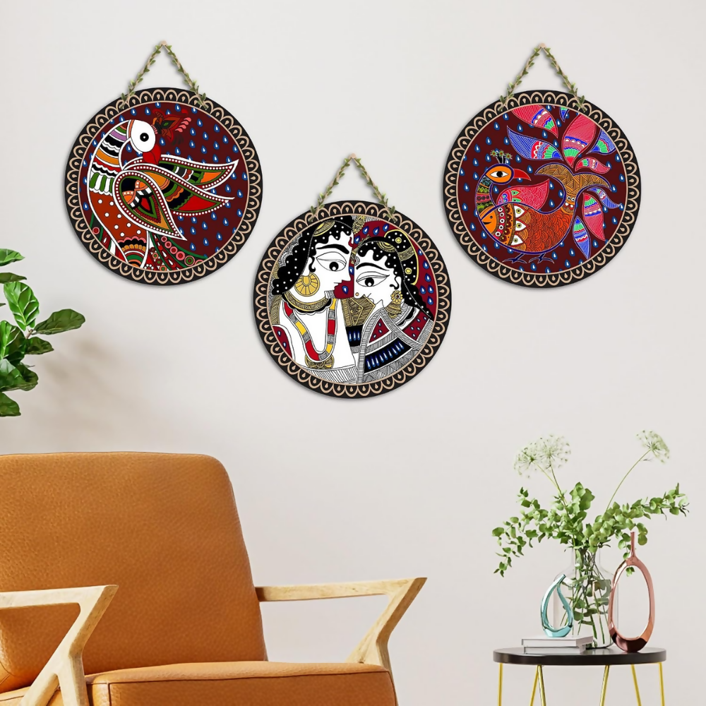Artvibes Madhubani Folk Art Round Shape MDF Wooden Wall Decor Items | Grocsy