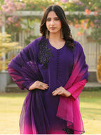 Nikhaar Dark Purple Embroidered Art Silk Stitched Straight Cut Kurta Pants Dupatta Readymade Suit | Grocsy