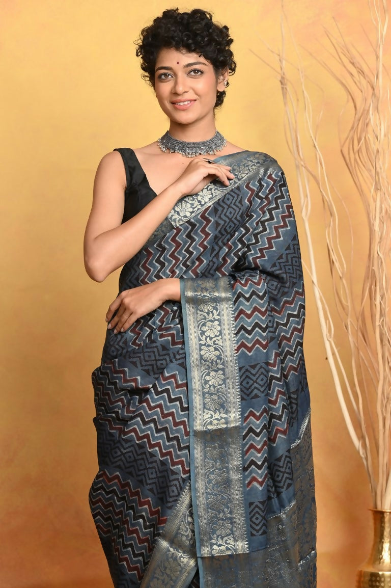 Very Much Indian Modal Silk Ajrakh Handblock Printed Natural Dyes With Designer Border Saree - Grey | Grocsy
