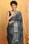 Very Much Indian Modal Silk Ajrakh Handblock Printed Natural Dyes With Designer Border Saree - Grey | Grocsy