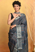 Very Much Indian Modal Silk Ajrakh Handblock Printed Natural Dyes With Designer Border Saree - Grey | Grocsy