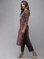 Yufta Women Mauve & Green Ethnic Motifs Printed Sequined Cotton Kurta Set & Dupatta | Grocsy