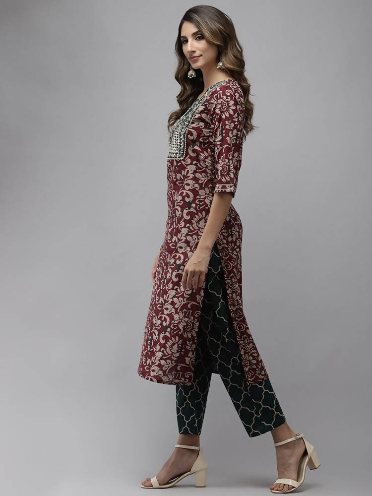 Yufta Women Mauve & Green Ethnic Motifs Printed Sequined Cotton Kurta Set & Dupatta | Grocsy