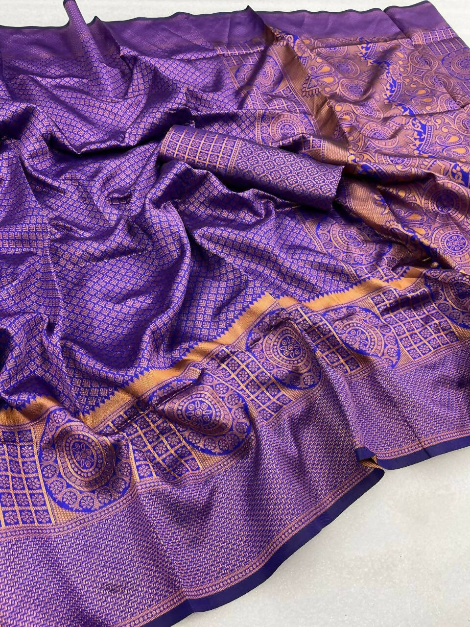 DEIANA'S Beautiful Designer Golden zari Soft Lichi Silk Saree - Blue | Grocsy