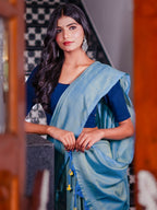 Zibaa Hand-Dyed Mul Cotton Teal Blue Saree with Tassels | Grocsy