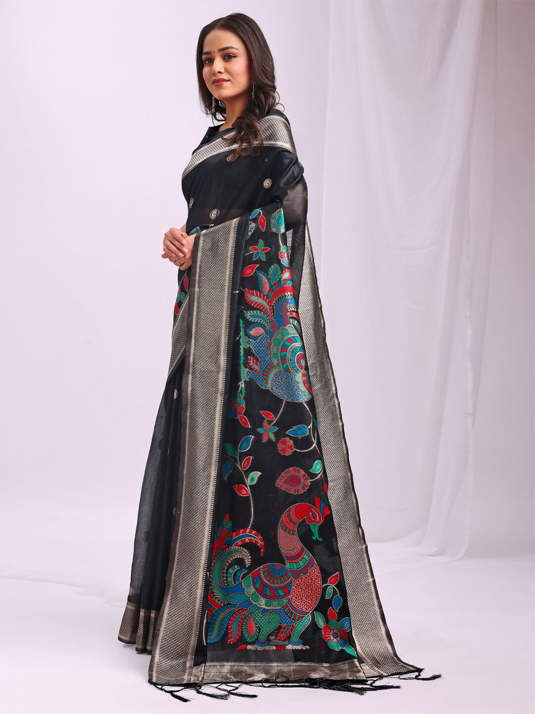 Shree Shyam Fashion Linen Cotton Black Saree | Grocsy