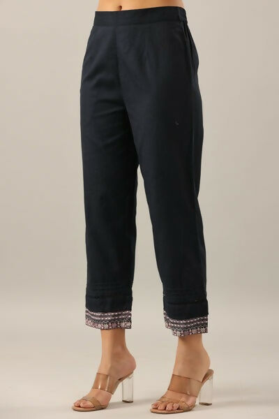 Juniper Navy Blue Solid Cotton Flex Pants With Printed Hem, Pintucks & Lace Work | Grocsy