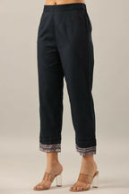 Juniper Navy Blue Solid Cotton Flex Pants With Printed Hem, Pintucks & Lace Work | Grocsy