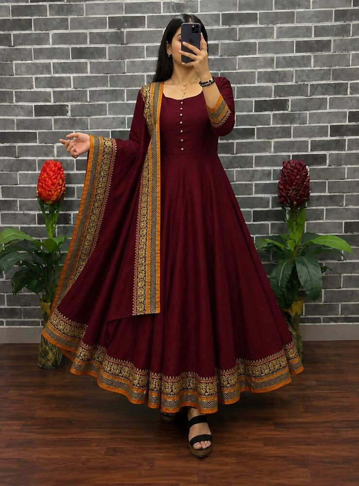 Teeya Creation New Trendy Stylish Maroon Solid Anarkali Kurta with Traditional Golden Border Dupatta Set | Grocsy