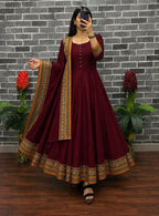 Teeya Creation New Trendy Stylish Maroon Solid Anarkali Kurta with Traditional Golden Border Dupatta Set | Grocsy