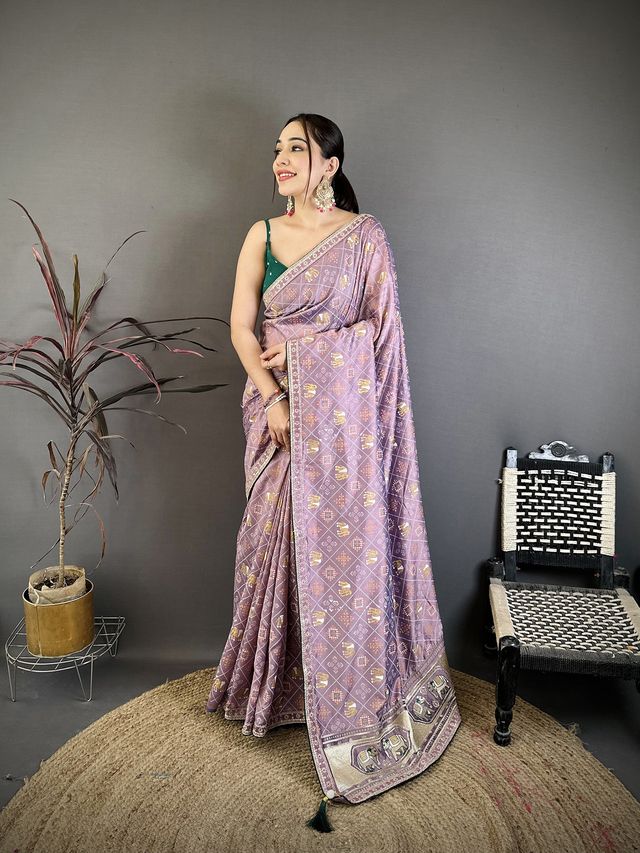 Elora Lavender Vichitra Silk Animal Motifs Foil Print Sequence Embroidery Work Bandhani Saree | Grocsy