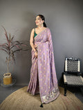 Elora Lavender Vichitra Silk Animal Motifs Foil Print Sequence Embroidery Work Bandhani Saree | Grocsy