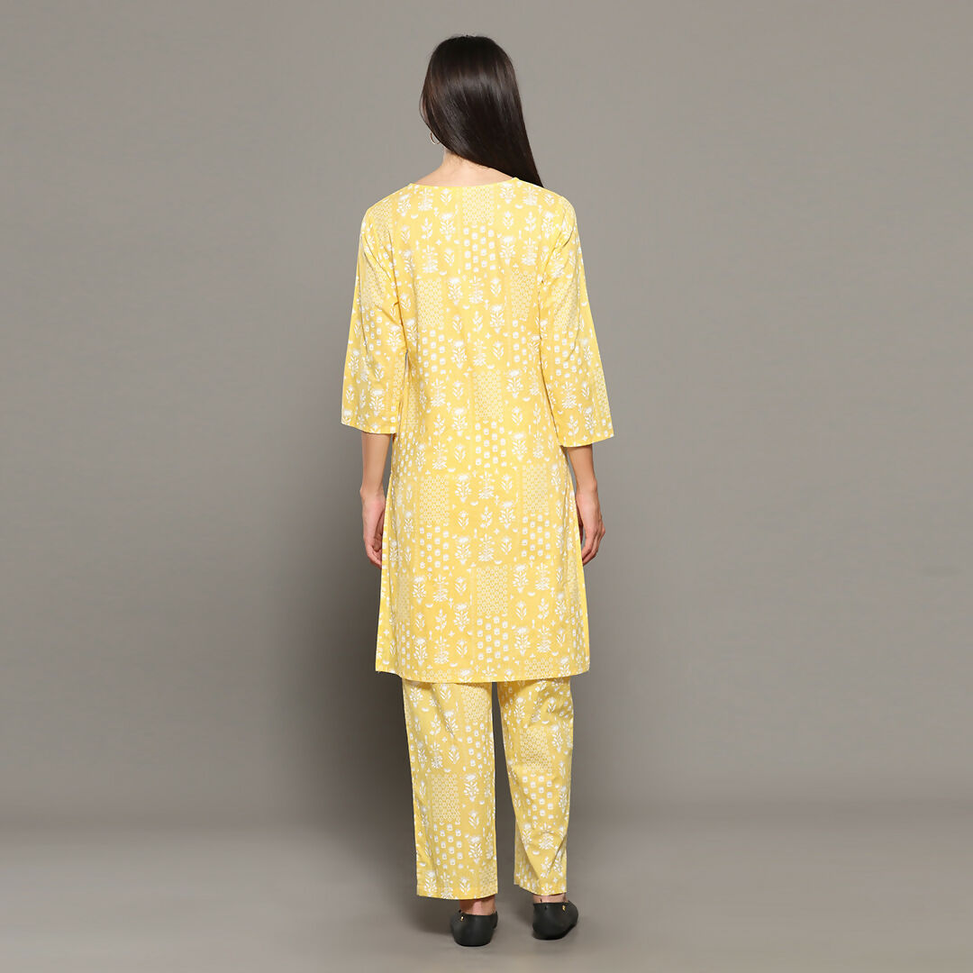 Breathables Women Cotton Printed Loungewear Kurta And Pants Co-Ord Set Yellow I Nightwear | Abstract Print | Grocsy