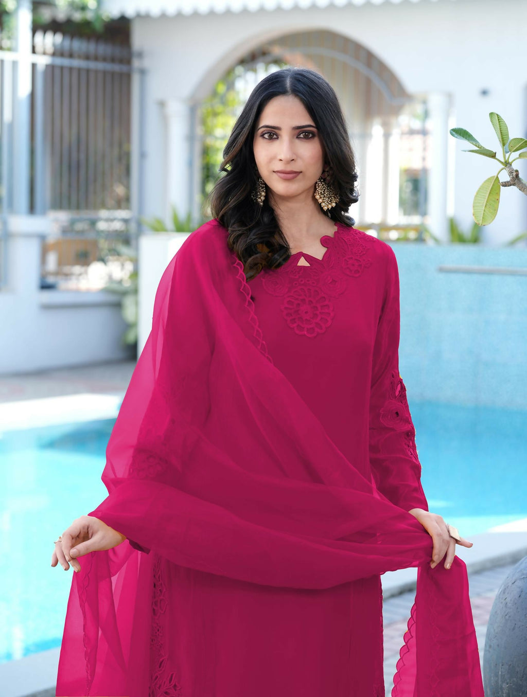 Nikhaar Magenta Embroidered Art Silk Stitched Straight Cut Kurta Pants Dupatta Readymade Suit | Grocsy