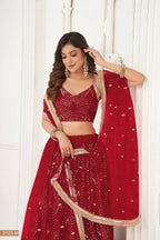 Eilara Maroon Thread Sequin Embroidered Net Lehenga Set | Grocsy