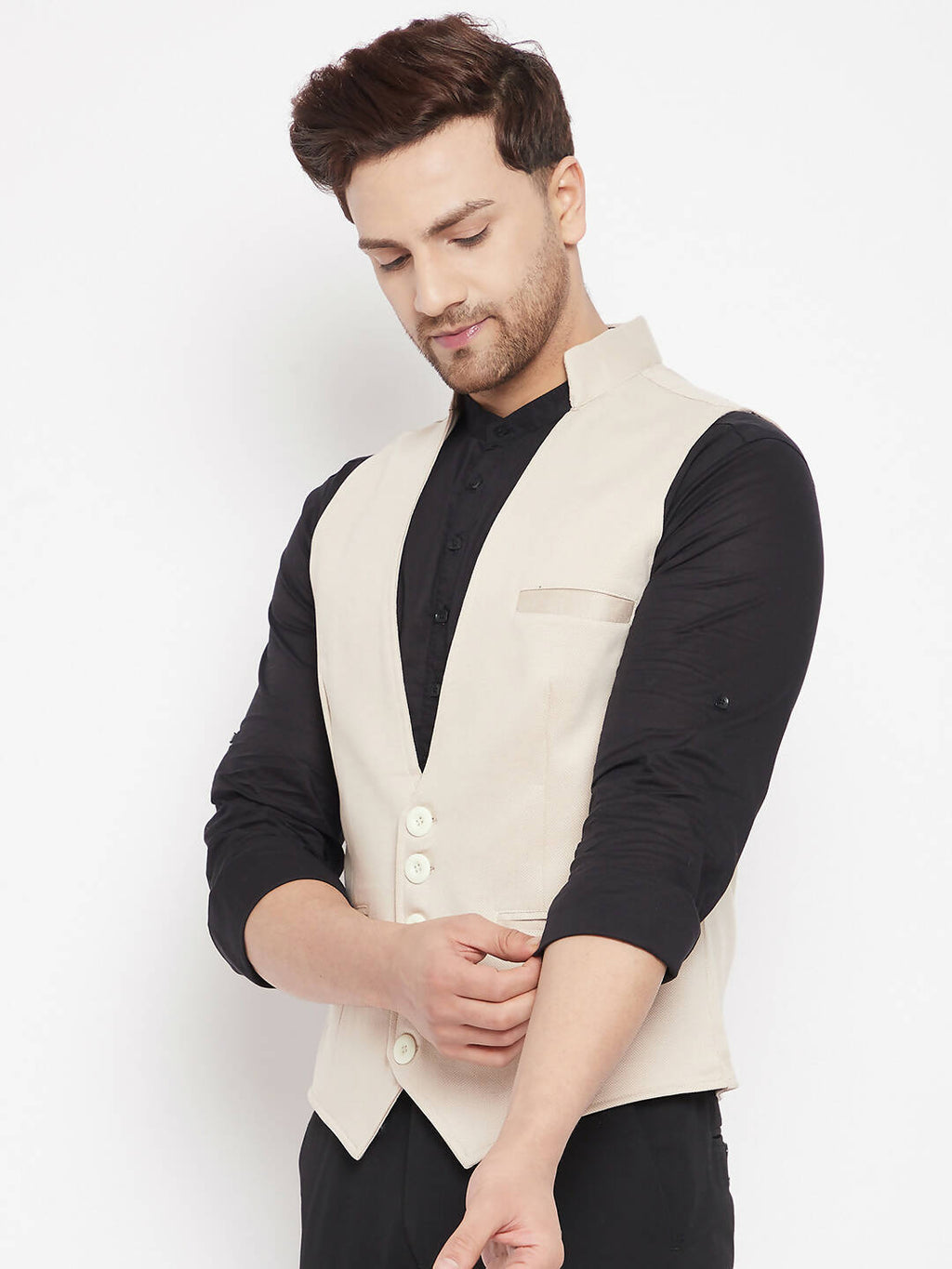 Even Apparels Cream Merino Men Woven Nehru Jacket | Grocsy