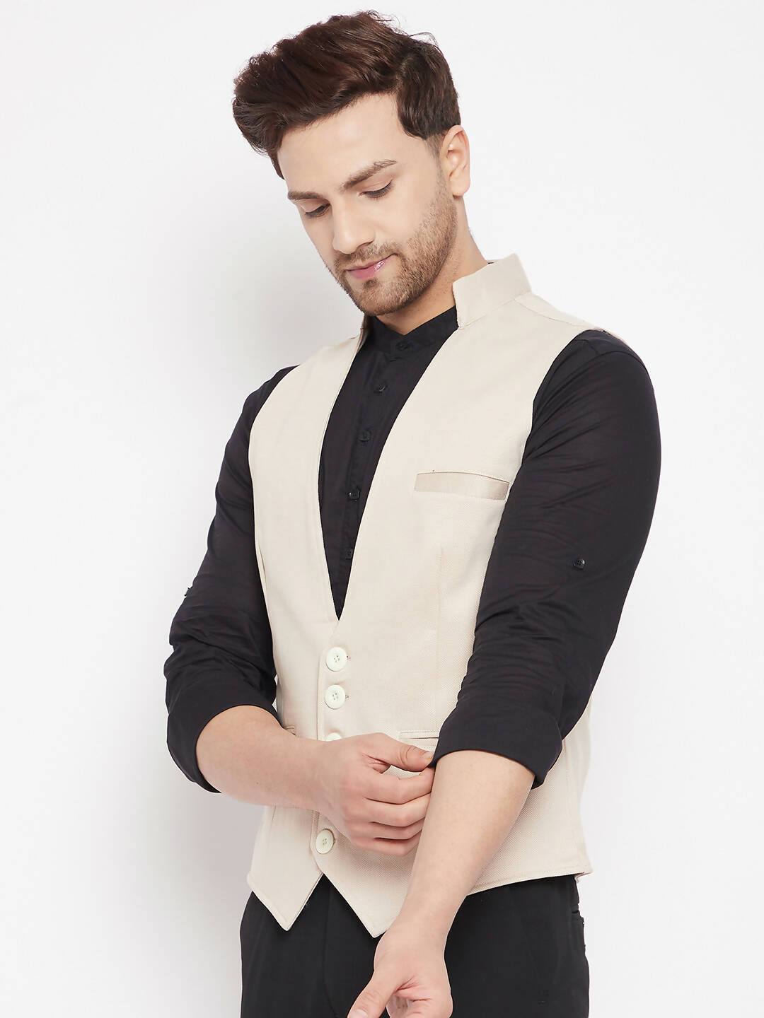 Even Apparels Cream Merino Men Woven Nehru Jacket | Grocsy