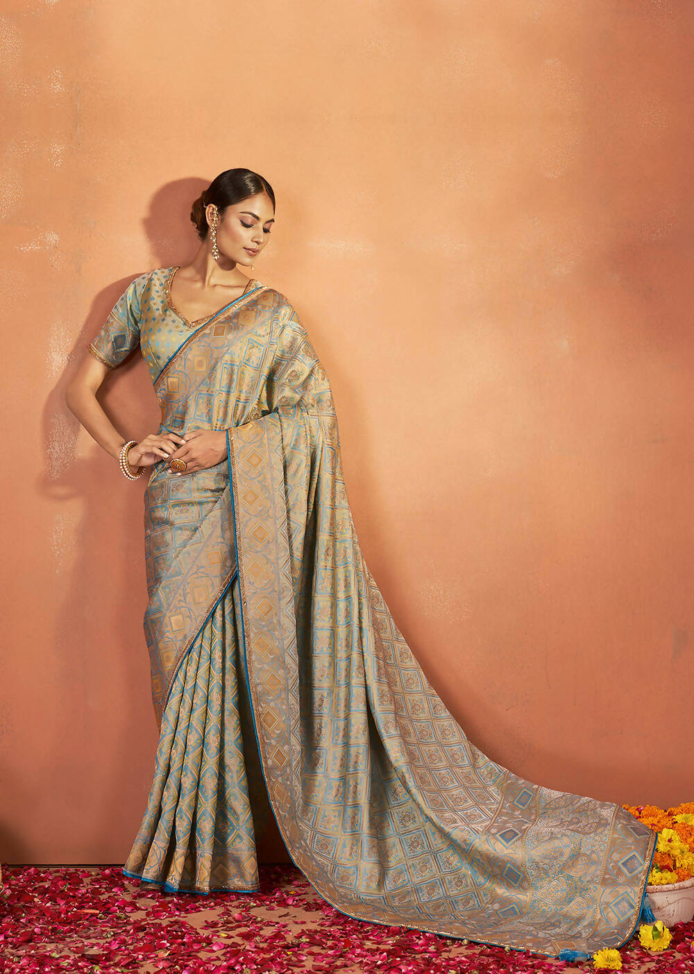 Blue Tusser Satin Silk Woven Design Saree With Unstitched Blouse Piece - Norita Royal Pradha | Grocsy