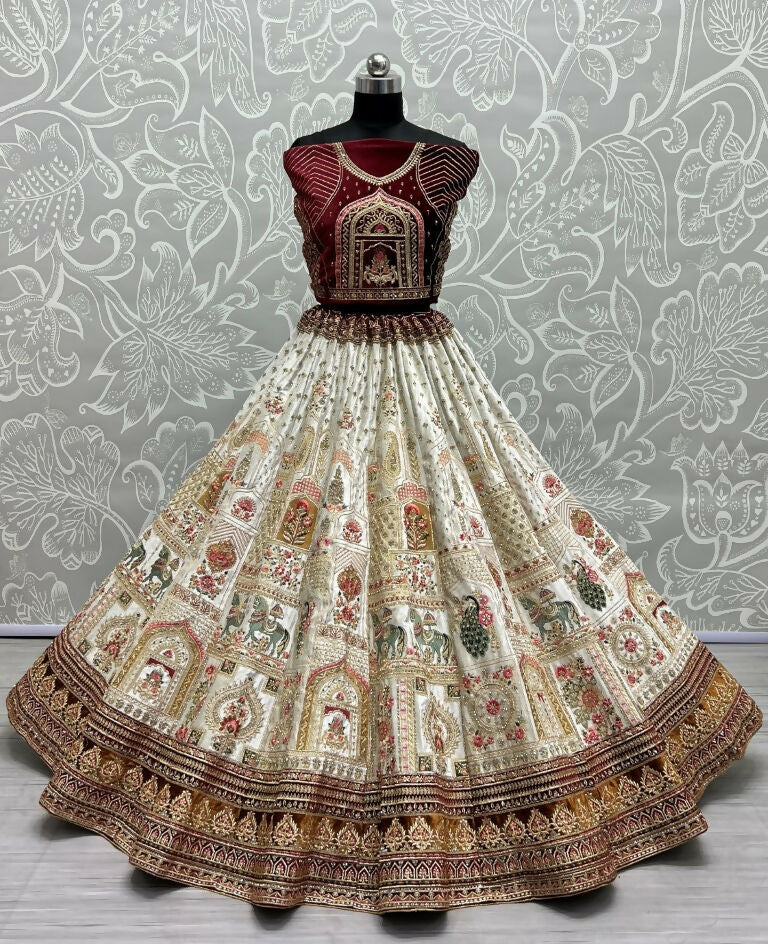 Jyoti Fashion Women's White Velvet Fancy Dori & Sequins with Multi Thread Embroidered with Diamond Work Wedding Lehenga Choli | Grocsy